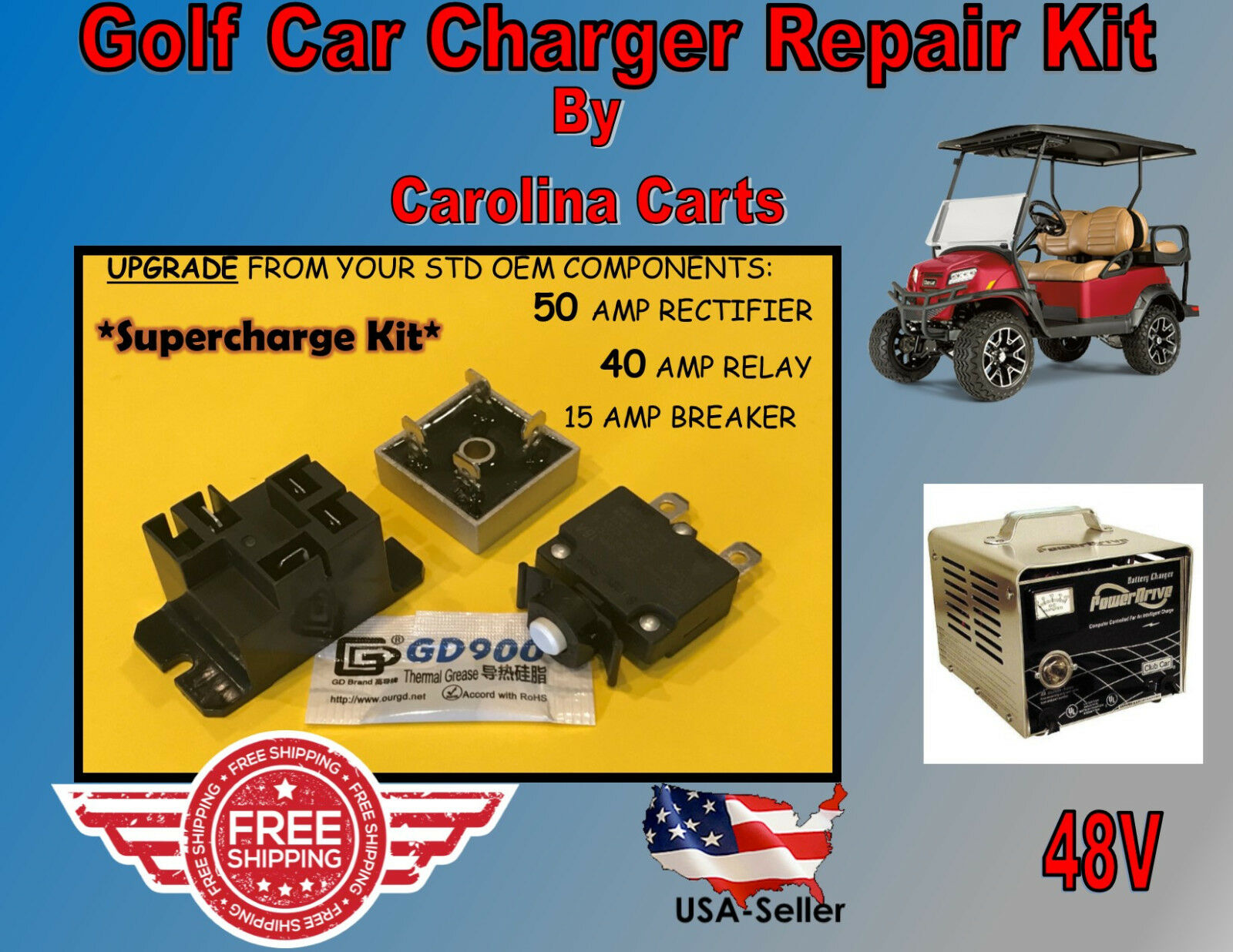 Club Car Powerdrive Battery Charger 22110 Repair Kit Golf Cart  48 Vsupercharge