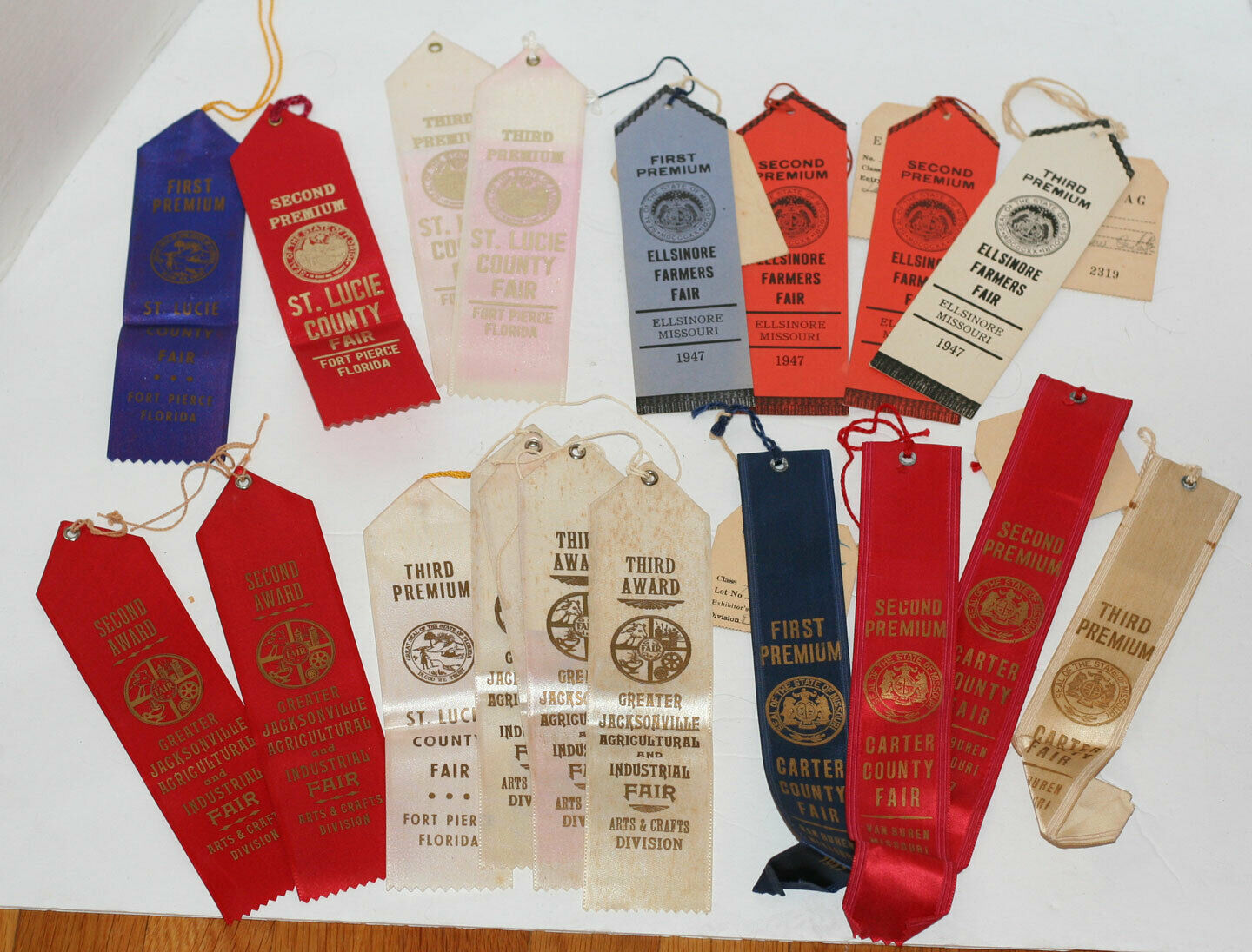 19 County Fair Ribbons - 1947 - Ft. Pierce, Ellsinore, Van Buren, Jacksonville