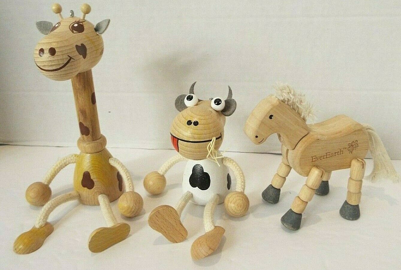 Wood Toy Animals Cow Giraffe Horse Ever Earth 4.5" To 7" Tall