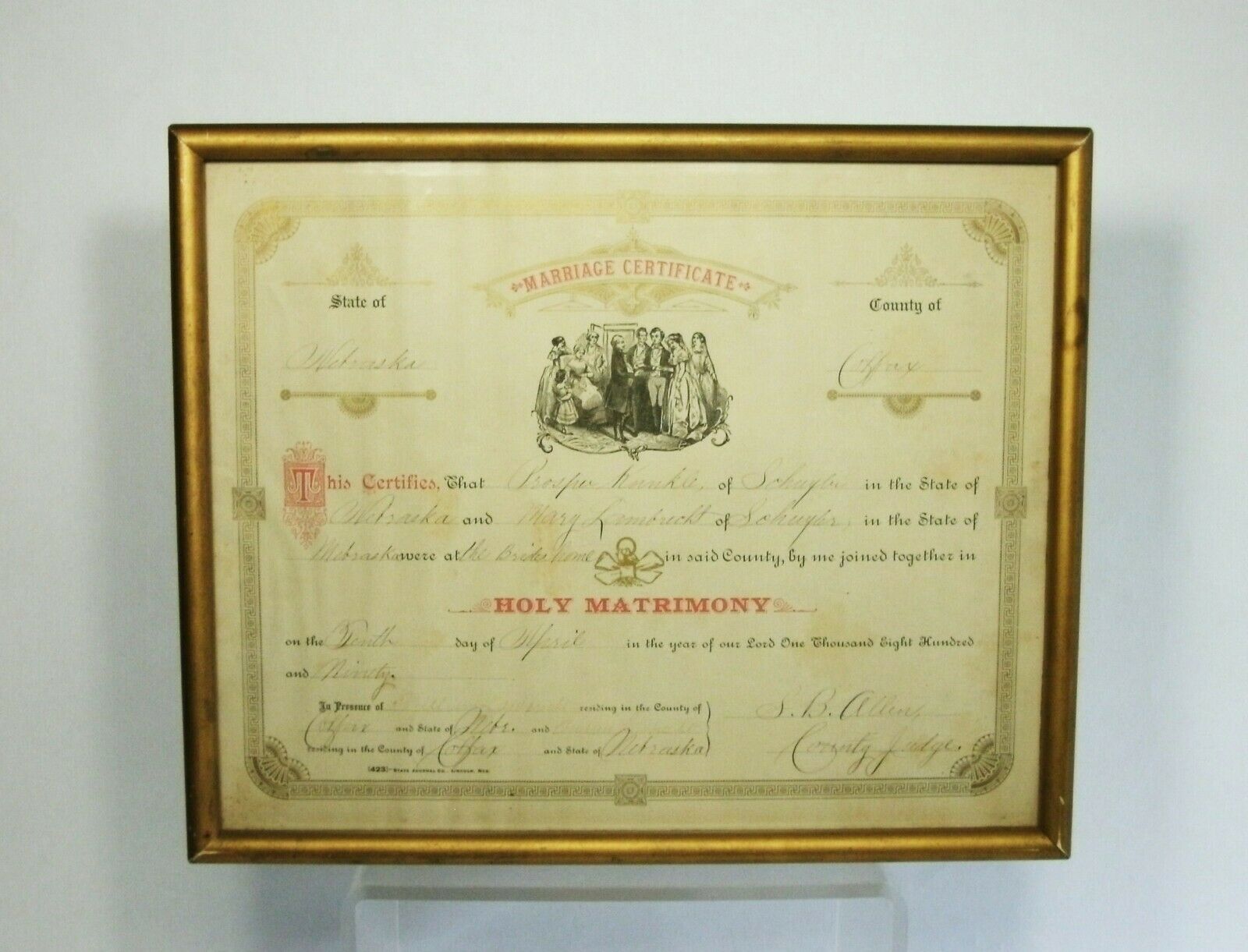 W Antique Framed 1890 Marriage Certificate Schuyler Colfax Co. Ne Prosper Kunkle
