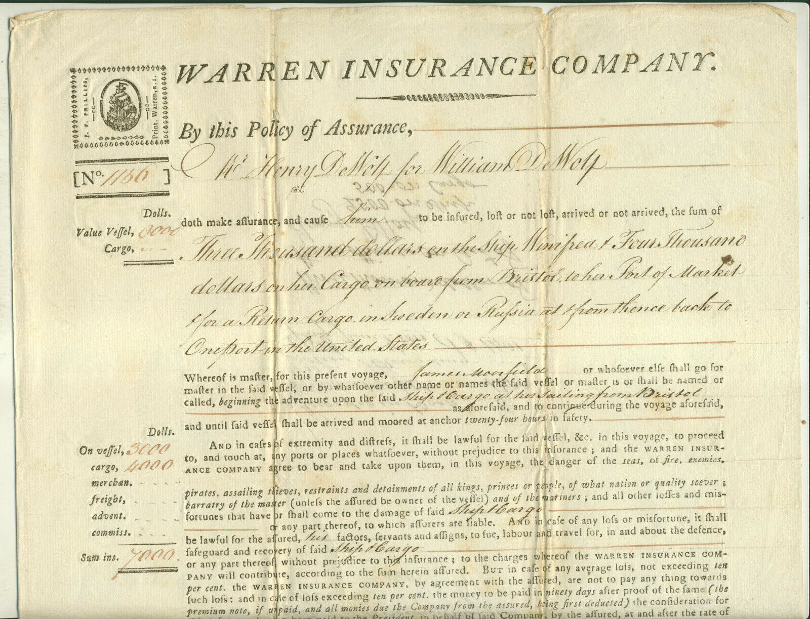 1810 Insurance Policy For Vessel "winifred" Sailing Bristol Ri To Sweden Russia