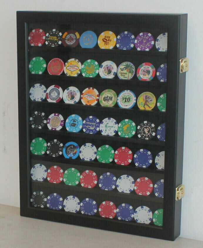 Poker Chip Casino Souvenir Chip Display Case Wall Frame Cabinet, Black