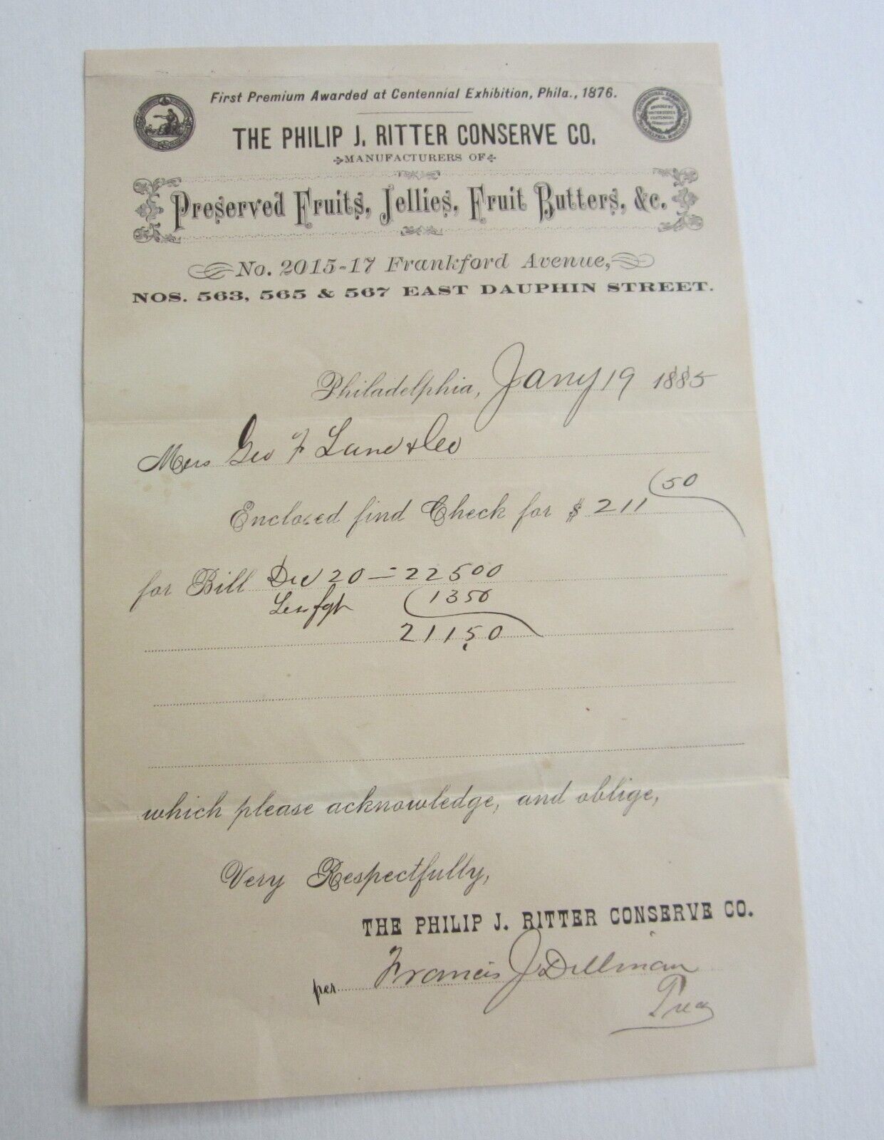 Old 1885 Philip Ritter Conserve - Billhead Document - Philadelphia Pa. - Jelly