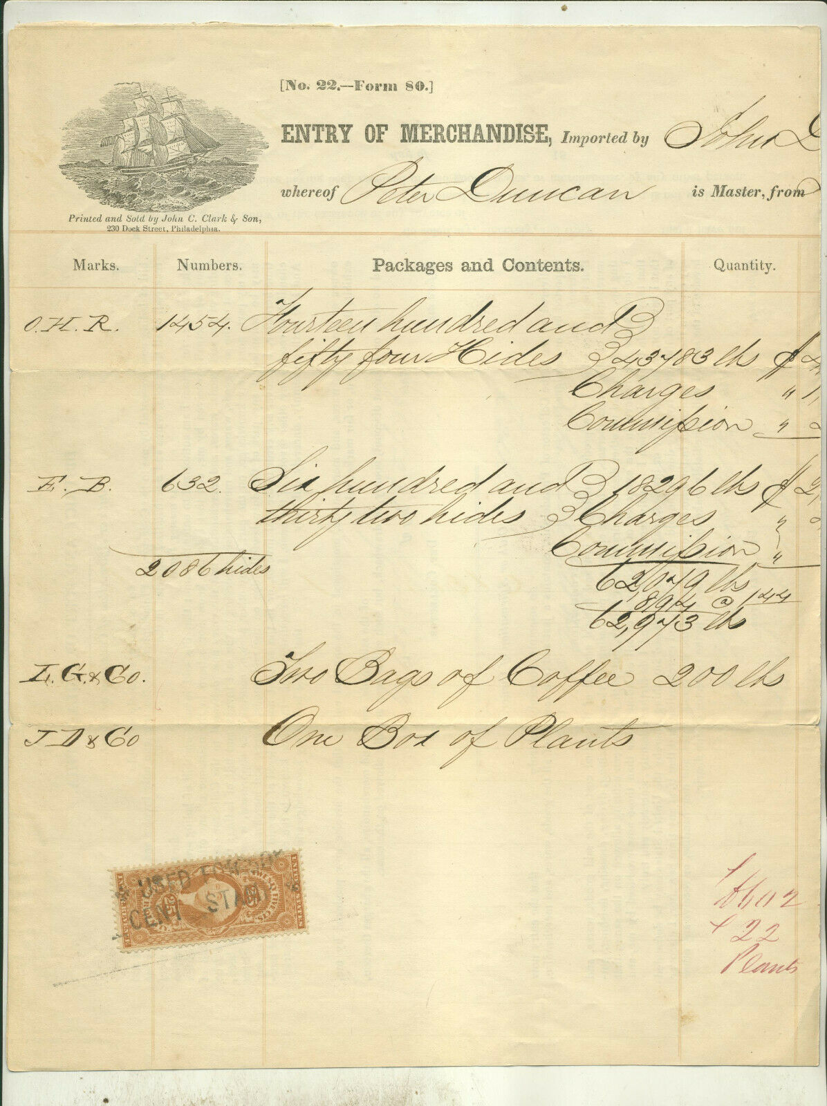 1864 Entry Of Merchandise Document For Coffee & Hides On Brigantine "roanoke"