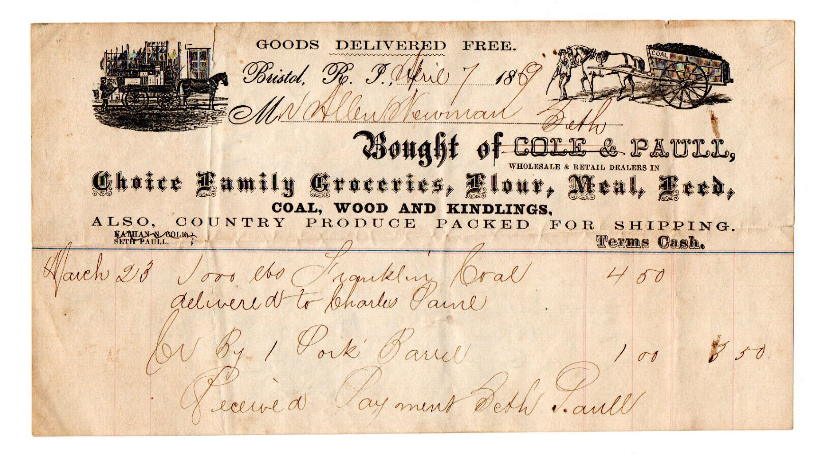 1869 Seth & Paull Grocers Bristol Rhode Island Invoice Billhead