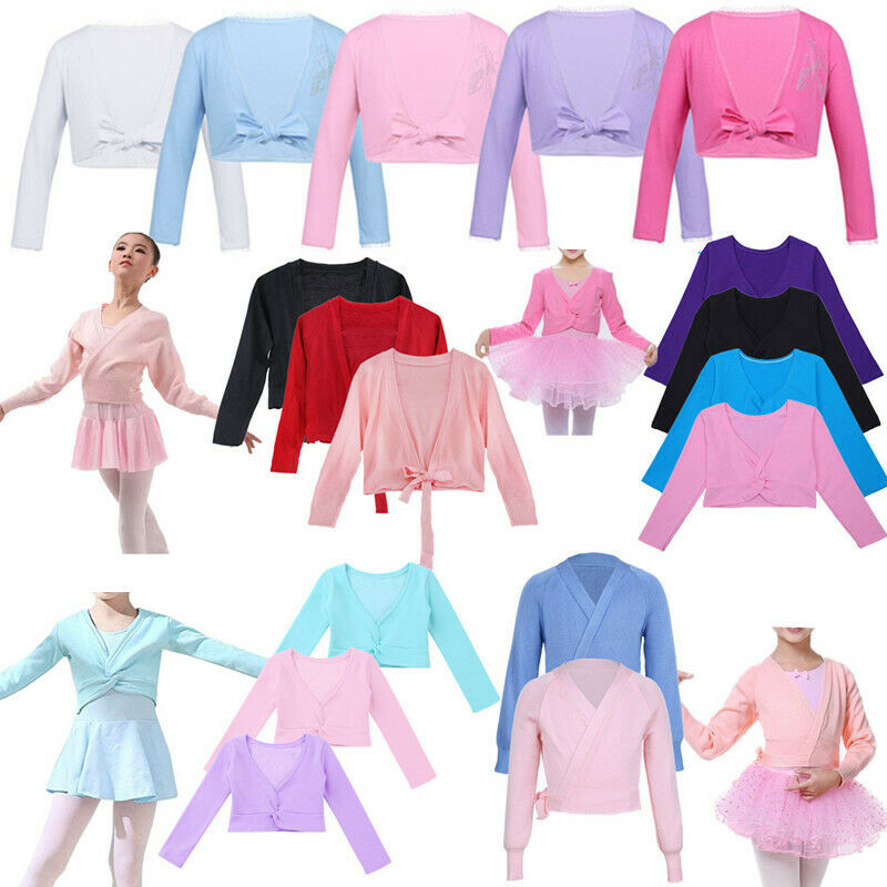 Kids Girls Dance Wrap Crop Top Ballet Gym Long Sleeve Shrug Jacket Coat Cardigan