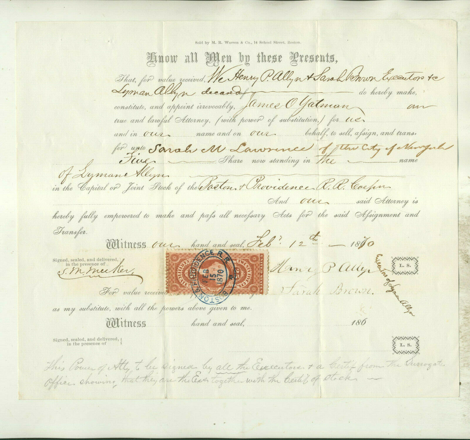 1870 Transfer Of Stock To Sarah Lawrence Nyc Due To Death Of Lyman Allyn