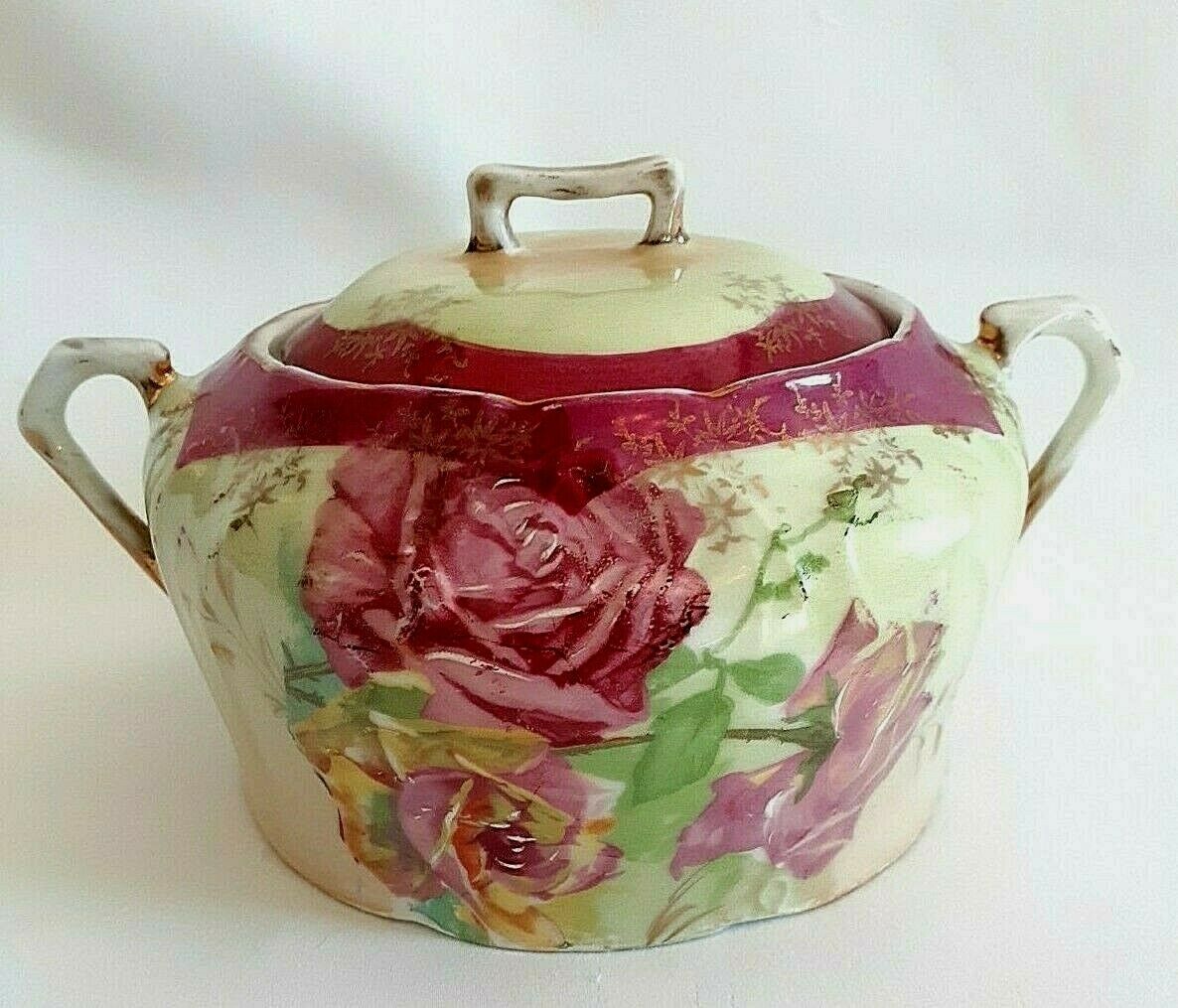Antique E &.R Vegetable Serving Bowl Handles Lidded Pink Roses Gold Made Germany