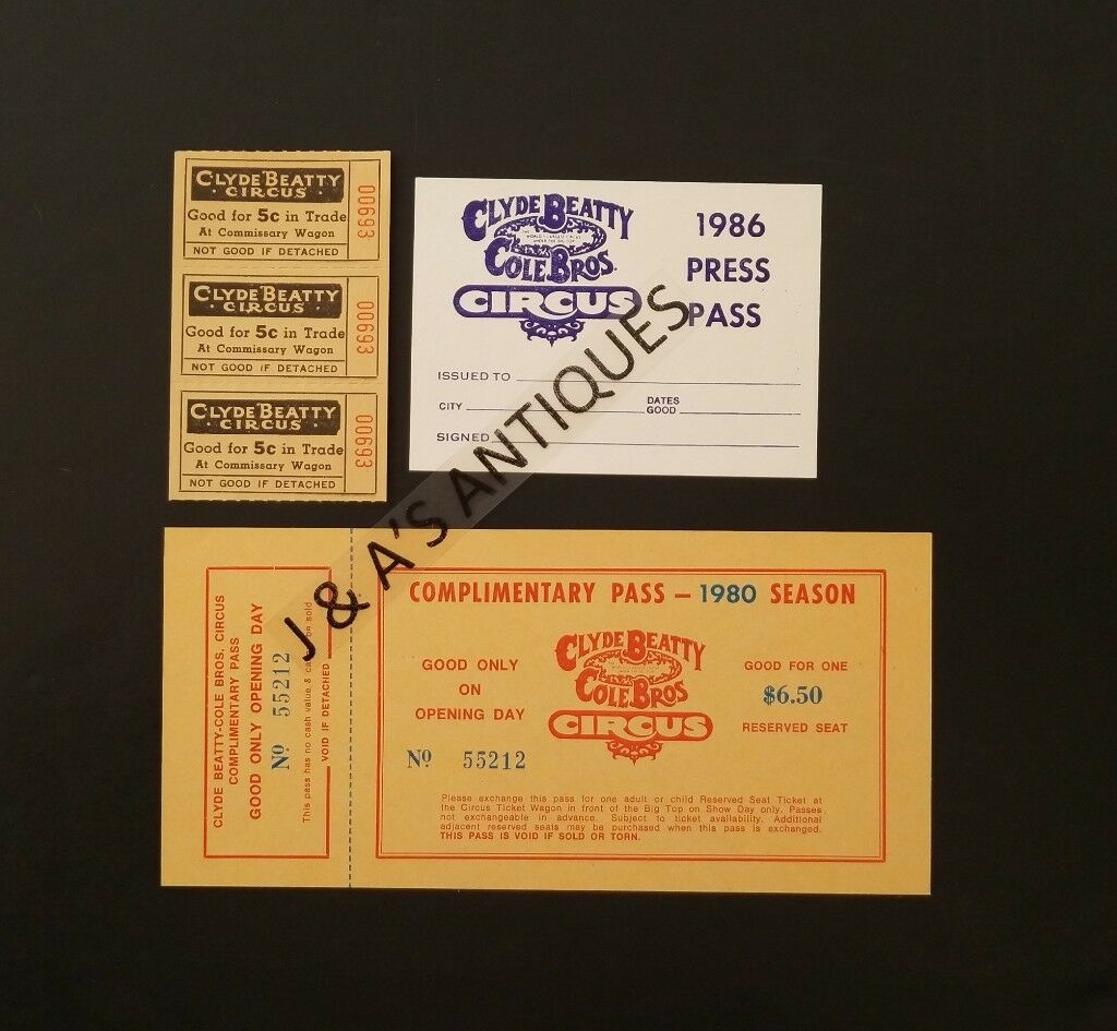 Clyde Beatty-cole Circus~3 Items: 3 Tickets, 1986 Press Pass & 1980 Comp. Pass