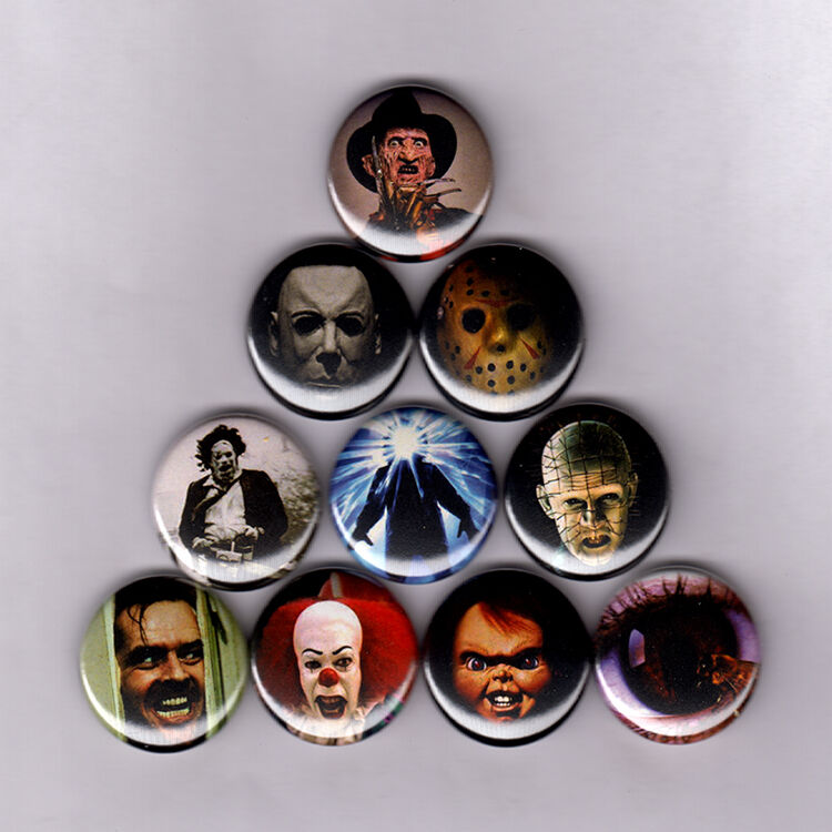 Horror Icons 1" Pins Buttons Nightmare Elm Friday 13th Thing It Halloween Poster