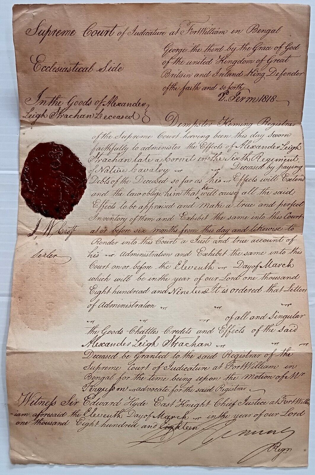 Aop India King George Iv 1828 Fort William Calcutta Red Seal Document